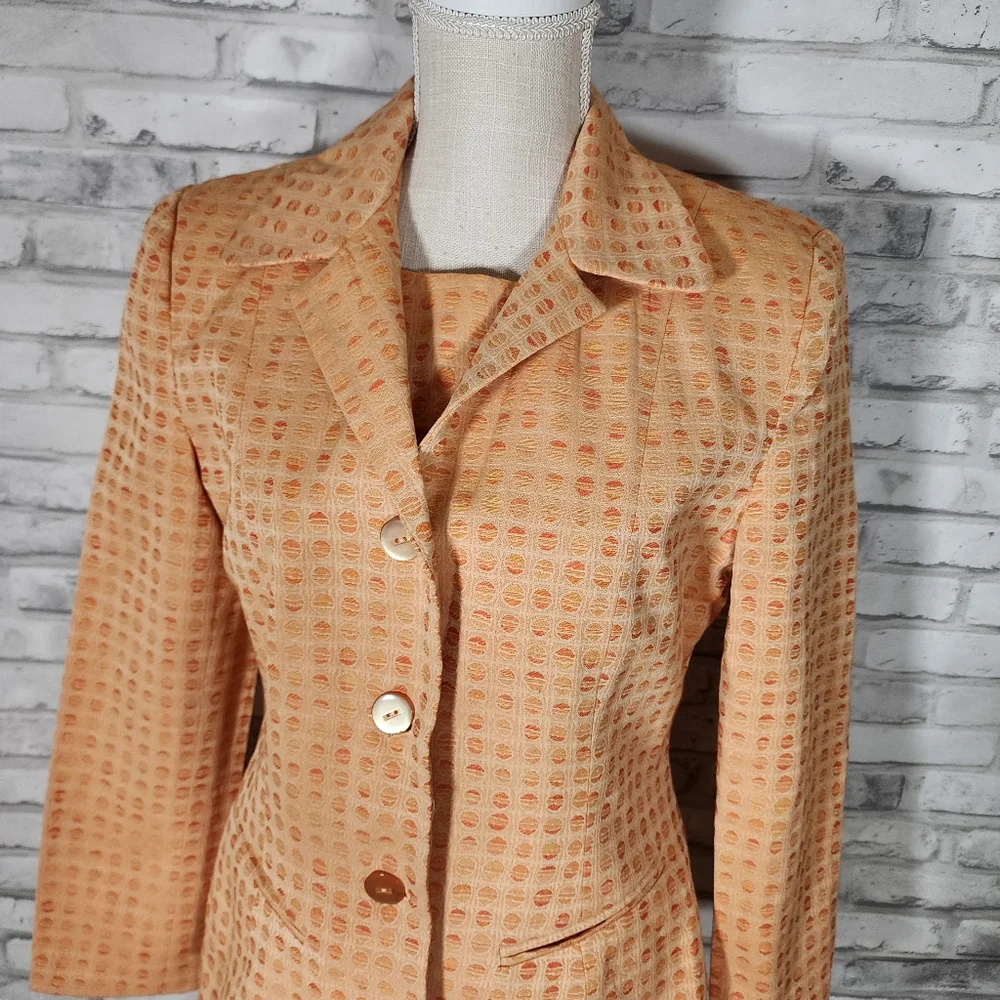 Vintage Cotton Orange Square Print Dress And Jacket Set